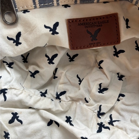 AE Striped Canvas Hobo Slouch Bag Double Knotted Handles Blue White Lined Beach - Picture 3 of 5